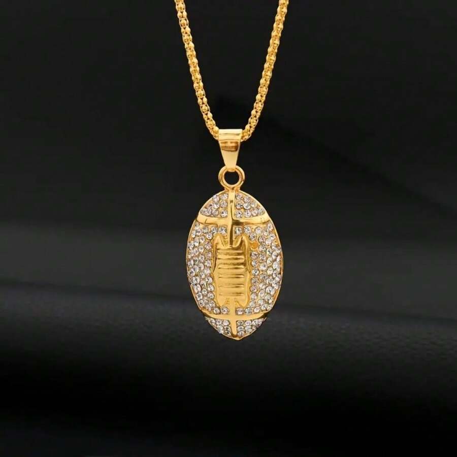 1pc Fashionable Full Diamond American Football Shaped Pendant Necklace, Zinc Alloy Material, Themed Creative Commemorative Gift - Yellow Gold - View 1