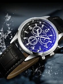 1只時尚男性pu皮革石英手錶 - 黑色 - 查看 2