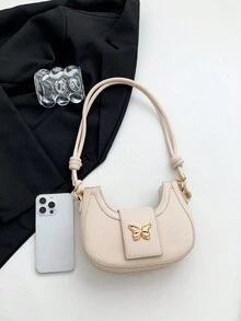 1入組迷你女孩蝴蝶裝飾pu實色肩背包 - 米色 - 查看 4