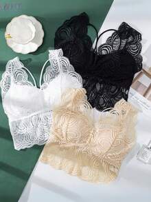 Adjustable Floral Lace Fan Trim Bra Top - White - View 2