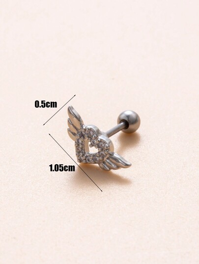 1pc Simple, Fashionable, Delicate Stainless Steel Ear Cartilage Bone Stud Earring With Micro Inlaid Rhinestone, Wing And Hollow Heart Design Valentines,Mom,Mother,Mother's Day,Gift