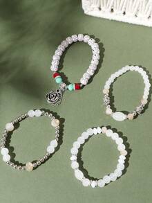 4入組時尚優雅合金與火山石珠花吊墜多層手鐲套裝,適用於女性 - 白色 - 查看 1