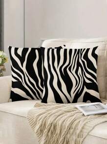 2pcs/Set Modern Style Black And White Zebra Pattern Linen Decorative Pillow Cover, 45cm*45cm/17.72in*17.72in Square, Single Side Printed, Soft And Comfortable, Suitable For Daily Home Decoration (Pillow Core Not Included)