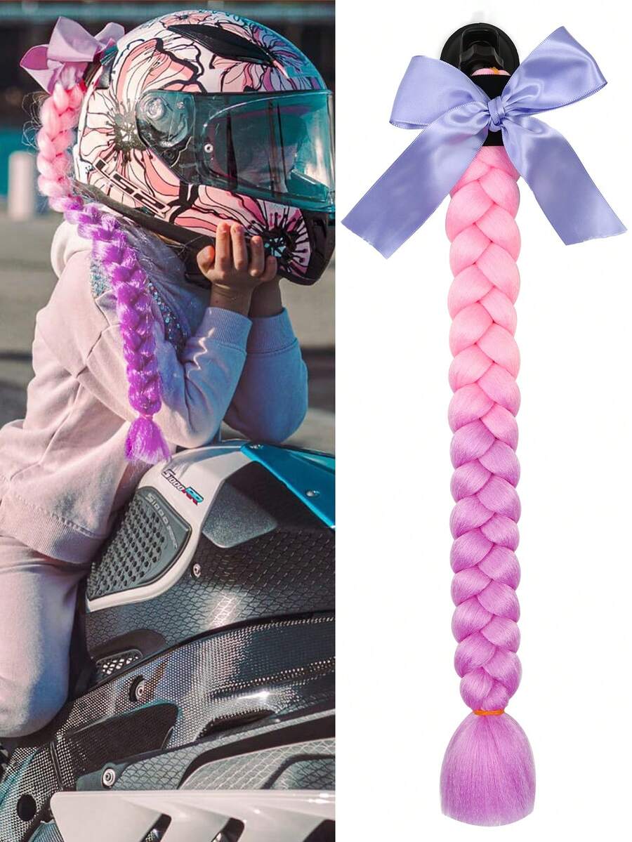 1入20吋粉色到淺紫色的頭盔馬尾辮,帶可拆卸吸盤和蝴蝶結機車頭盔馬尾髮尾裝飾,有多種顏色可選（不包括頭盔） - 彩色 - 查看 1