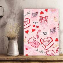 1入組情人節圖案藝術帆布海報,奢華的裝飾蛋糕、愛情紙條、心形棒棒糖在玫瑰和紅唇膏中創造繪畫效果,用於浴室、臥室、辦公室、客廳的牆壁藝術海報,不含相框 - 彩色 - 查看 1