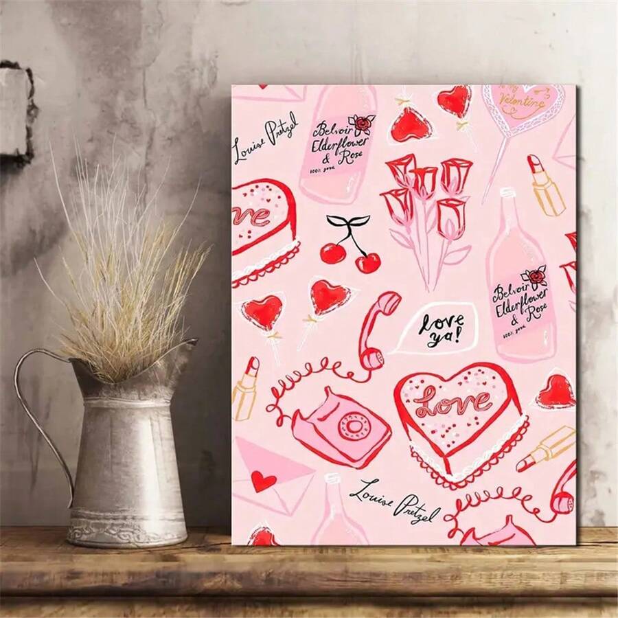 1入組情人節圖案藝術帆布海報,奢華的裝飾蛋糕、愛情紙條、心形棒棒糖在玫瑰和紅唇膏中創造繪畫效果,用於浴室、臥室、辦公室、客廳的牆壁藝術海報,不含相框 - 彩色 - 查看 1