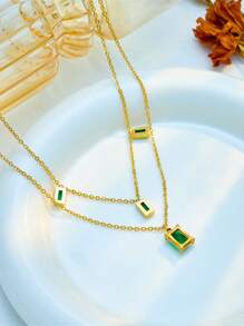 1pc Multilayered Square Green Glass & Rhinestone Inlaid Pendant Necklace For Layering - Multicolor - View 2
