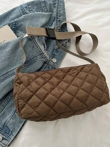 1個時尚鑽石拼接羽絨女孩肩背包,大容量 - 咖啡棕 - 查看 6