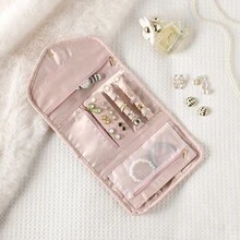 1pc Roll Foldable Jewelry Case Travel Jewelry Organizer Portable For Journey Earrings Rings Diamond Necklaces Brooches Storage Bag Jewelry Storage Pouch - Pink - View 2
