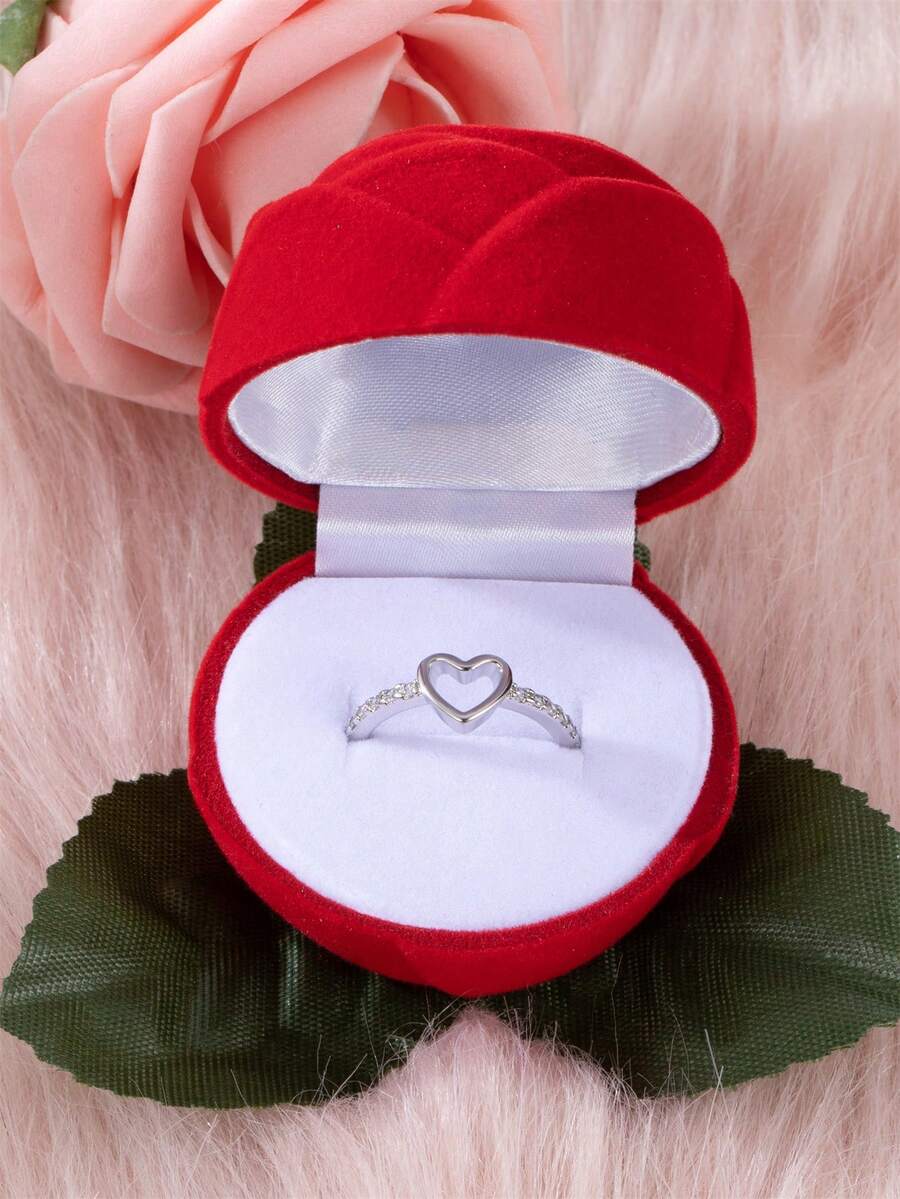 1pc Simple Heart & Cubic Zirconia Adjustable Opening Ring, With Rose Shaped Jewelry Box, Suitable For Gift Giving To Your Loved One, Mother's Gift, Couple Gift - Silver - View 1