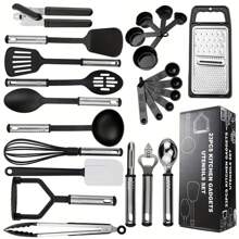 25/pcs/set, Silicone Cooking Utensil Set, Black Kitchen Utensil Set, Safety Cooking Utensils Set, Non-Stick Cooking Utensils Set With Metal Handle, Washable Spatula Set, Cookware, Kitchen Stuff, Kitchen Gadgets, Kitchen Essentials - Negro - Ver 1
