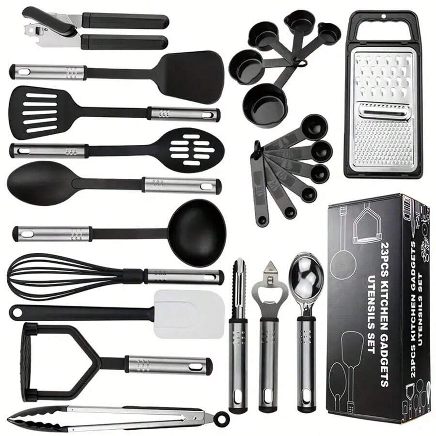 25/pcs/set, Silicone Cooking Utensil Set, Black Kitchen Utensil Set, Safety Cooking Utensils Set, Non-Stick Cooking Utensils Set With Metal Handle, Washable Spatula Set, Cookware, Kitchen Stuff, Kitchen Gadgets, Kitchen Essentials - Negro - Ver 1