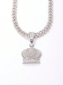 1pc Hip-Hop Style Rhinestone Inlaid King Crown Pendant Necklace, Stainless Steel Vintage Crown Style Jewelry - Multicolor - View 11