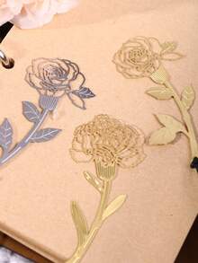 3入組金屬玫瑰和康乃馨設計中空書籤 - 銅色 - 查看 4