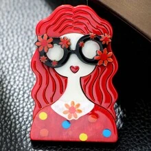 1 Pieza Broche Acrílico Con Forma De Niña De Pelo Rizado De Dibujos Animados - Rojo - Ver 3