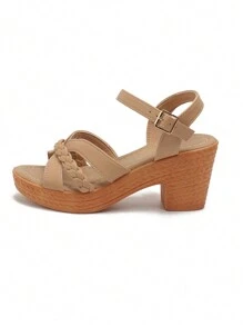 全新夏季女用軟皮坡跟羅馬涼鞋,露趾設計,厚防水台,腳踝扣環閉合 - 駝色 - 查看 5