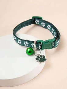 1pc Paw Print Pet Collar With Removable Bell Adjustable 7.4-12.6in Fit For Cats Or Dogs Within 5kg - Green - View 1