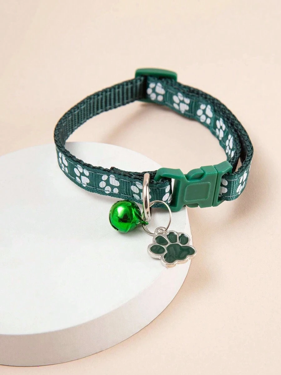 1pc Paw Print Pet Collar With Removable Bell Adjustable 7.4-12.6in Fit For Cats Or Dogs Within 5kg - Green - View 1