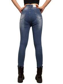 Pantalón jeans Azul rasgado de mezclilla estilo skinny para mujer - Azul - Ver 3