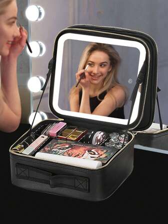 1pc-Travel Makeup Bag With Mirror Large Capacity Cosmetic Storage Box Travel Portable Makeup Bag Case With LED Light Mirror Makeup Accessories