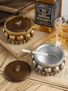 獨特的人骨形狀樹脂煙灰缸並設有木製蓋,防風,是完美的家居裝飾配件 - 銀色 - 查看 4