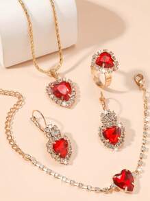 1 对耳环 + 1 戒指 + 1 手链 + 1 项链款式首饰套装镶嵌心形猩红色锆石搭配日常服装派对配饰 - 項鍊+耳環+戒指+手鍊 - 查看 5