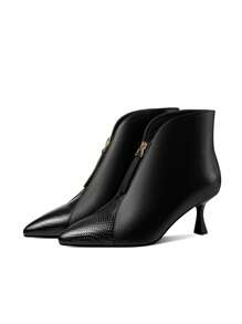 欧美简约豹纹亮片面料尖头踝靴，靴子，尖头细跟前拉链纯色高跟鞋，适合春秋季 - 黑色 - 查看 5