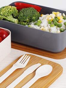 1入日式上班族風格木蓋單層便當盒,附餐具和保溫袋的商務便當盒 - 灰色 - 查看 7