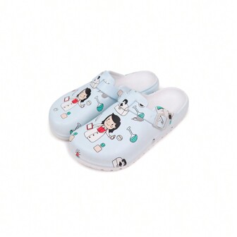 Sabots glissants à imprimé infirmière pour femmes, chaussures à semelle en bois avec motif de dessin animé - Légères, à semelle souple, sandales glissantes convenant à toutes les saisons