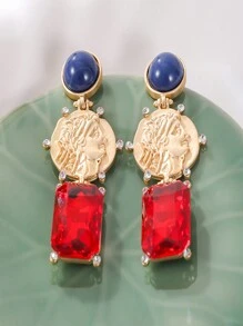 1只銀針鑲嵌鑽石人像幾何圖形耳針,適用於女性 - 彩色 - 查看 1