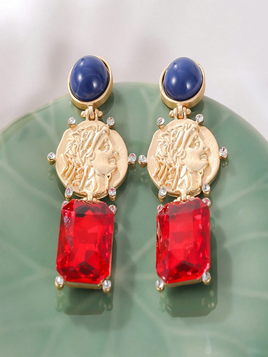 1只銀針鑲嵌鑽石人像幾何圖形耳針,適用於女性 - 彩色 - 查看 1