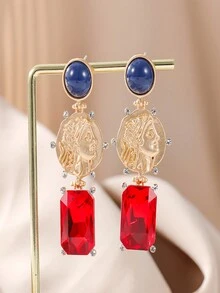 1只銀針鑲嵌鑽石人像幾何圖形耳針,適用於女性 - 彩色 - 查看 5