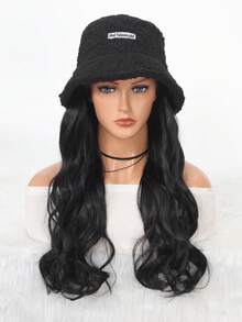 帶帽合成長波浪女士假髮，秋冬羊毛針織桶帽假髮，適用於女性和女孩 - 黑色 - 查看 2