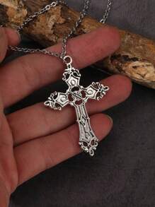 Women's Bohemian Style Retro Cross Pendant Necklace - Silver - View 3