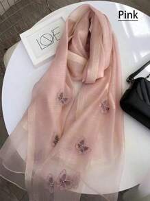 1入組女士豪華絲綢與針織混紡刺繡珠片蝴蝶圍巾，新款時尚透氣遮陽披肩，適用於春夏秋季 - 彩色 - 查看 13