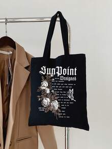 1個黑色時尚花朵、字母、蝴蝶印花女用帆布手提袋,適用於戶外購物 - 黑色 - 查看 2