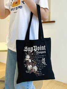 1個黑色時尚花朵、字母、蝴蝶印花女用帆布手提袋,適用於戶外購物 - 黑色 - 查看 4