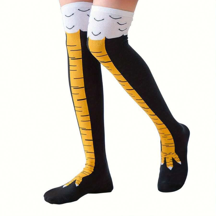 Chicken Leg Over Knee 21.65 Inches Socks, Crazy Funny Gift Party Novelty Socks In Yellow - Yellow - View 1