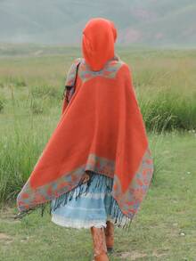 女士葉子印花披肩,拍照神器,適用於春夏秋冬的萬能披肩 - 橘色 - 查看 5