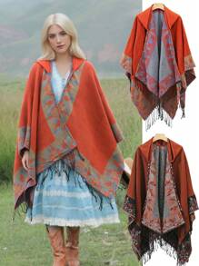 女士葉子印花披肩,拍照神器,適用於春夏秋冬的萬能披肩 - 橘色 - 查看 1