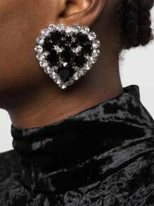 1pair High-End Heart Shaped Clip-On Earrings With Black Rhinestones For Women, Halloween Accessories - Silver - View 1