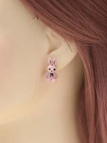 Easter 1pair Flocked Rabbit Shaped Earrings, Sweet And Cute, New Ear Accessory Including Metallic Decoration - Pink - View 6