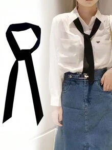 1 件装黑色丝缎窄领带腰带衬衫领带职业配饰发带韩版纯色多功能缎带窄长围巾丝缎窄领带腰带韩国时尚演出迷你围巾飘逸 - 白色 - 查看 1