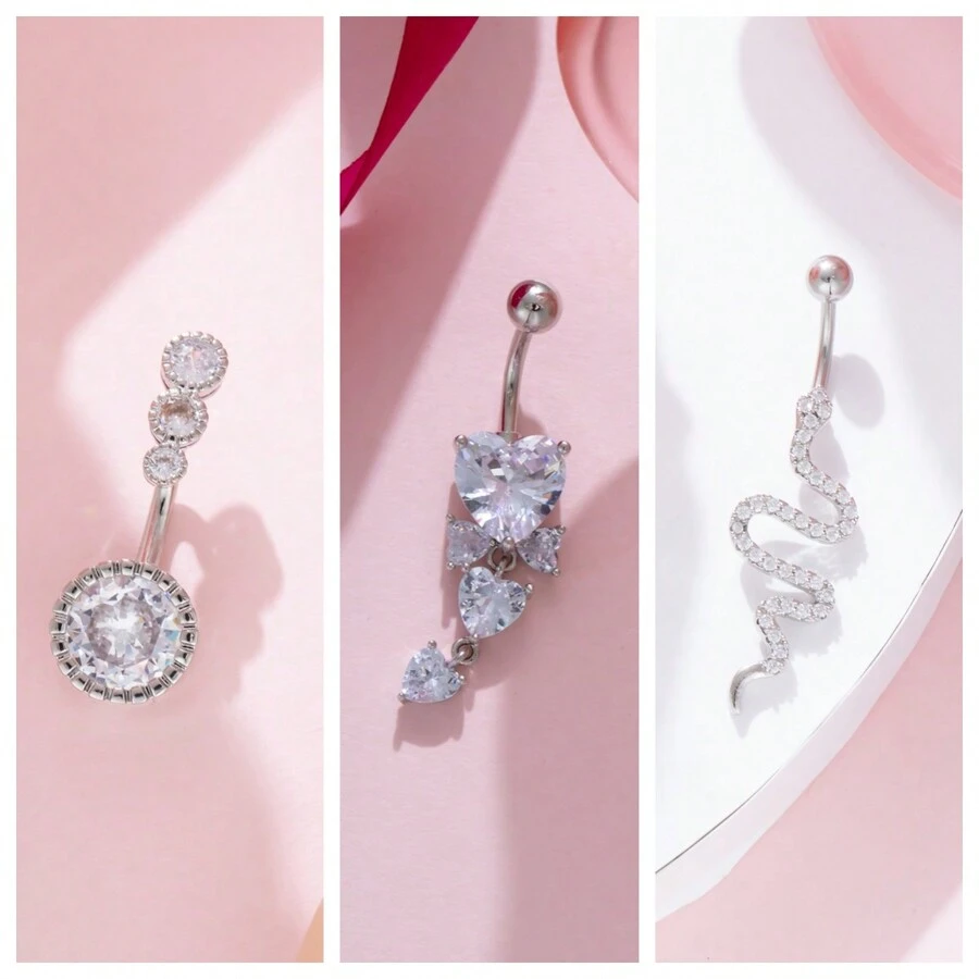 3pcs/Set Women's Silver Navel Rings With Rhinestone Heart And Snake Design, Sexy Style Jewelry Gift - Silver - View 1