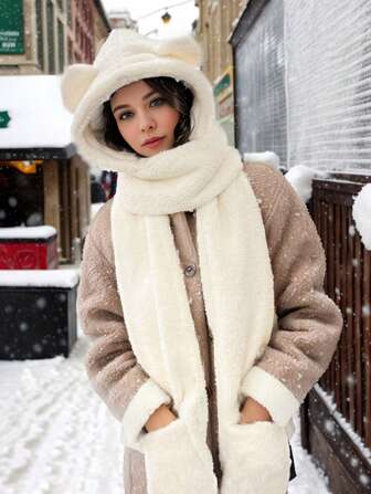 1pc Women'S Three-In-One Winter Hat With Cute Bear Design, Fluffy & Thick Fleece Cap, Mittens And Scarf For Outdoor Activities