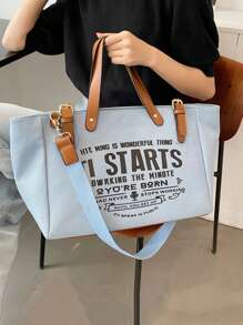 Yogodlns 女士可重複使用字母印花手提袋,帆布休閒肩袋,大容量學校雜貨購物袋,超大加厚手提包,女士包袋,帆布行李袋,旅行包,肩袋 - 藍色 - 查看 3