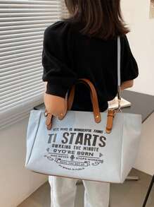 Yogodlns 女士可重複使用字母印花手提袋,帆布休閒肩袋,大容量學校雜貨購物袋,超大加厚手提包,女士包袋,帆布行李袋,旅行包,肩袋 - 藍色 - 查看 7