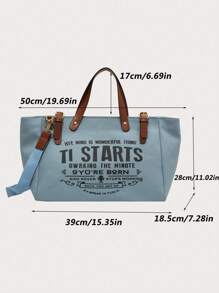 Yogodlns 女士可重複使用字母印花手提袋,帆布休閒肩袋,大容量學校雜貨購物袋,超大加厚手提包,女士包袋,帆布行李袋,旅行包,肩袋 - 藍色 - 查看 11