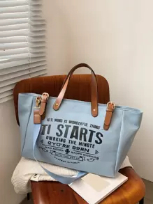 Yogodlns 女士可重複使用字母印花手提袋,帆布休閒肩袋,大容量學校雜貨購物袋,超大加厚手提包,女士包袋,帆布行李袋,旅行包,肩袋 - 藍色 - 查看 10