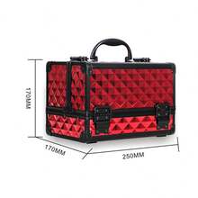 Large Capacity Professional Makeup Box With Mirror, 2 Tier Aluminum Storage Case For Nails & Embroidery, Foldable & Lockable Cosmetic Tool Box For Women - Red - View 2